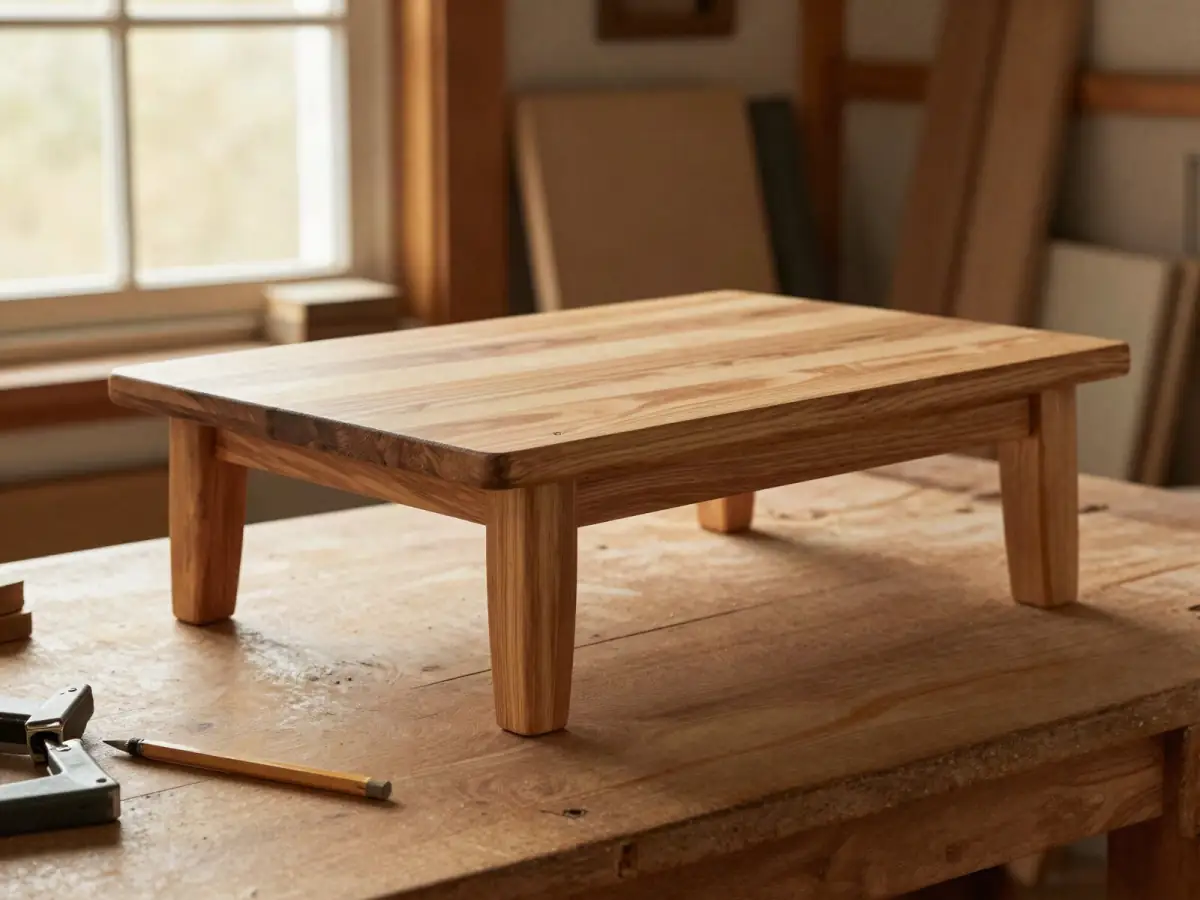 Half-assembled pine table with a visible gap at a corner joint in a home workshop