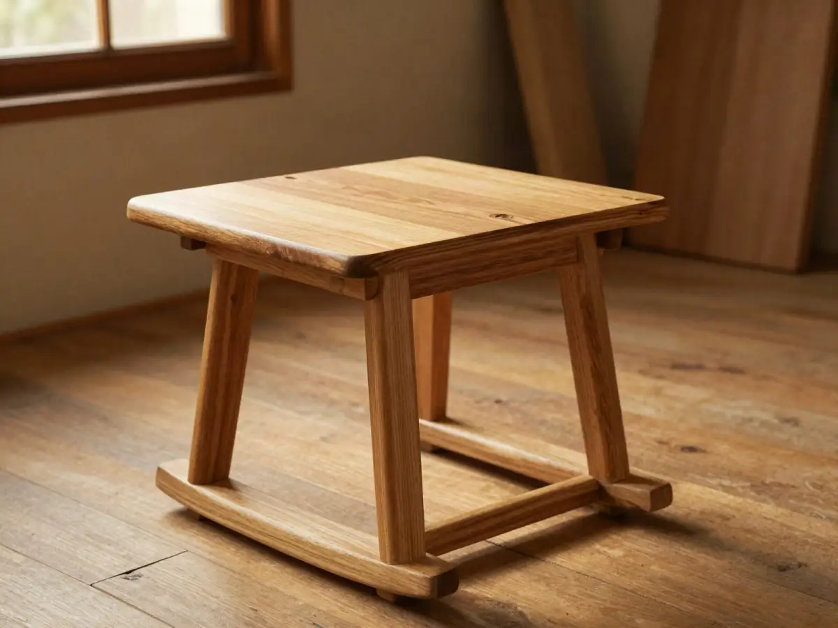 Small pine side table rocking on one leg on a wooden floor