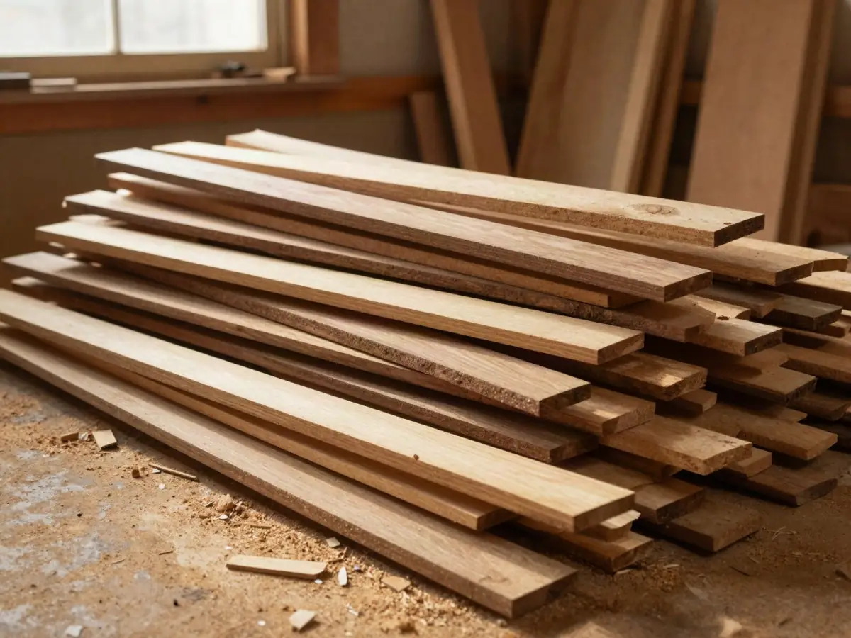 Stack of wasted lumber offcuts and mis-cut boards on a workshop floor