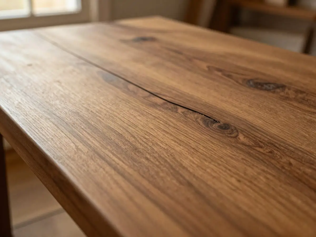 Close-up of a cracked solid-wood tabletop split along the grain