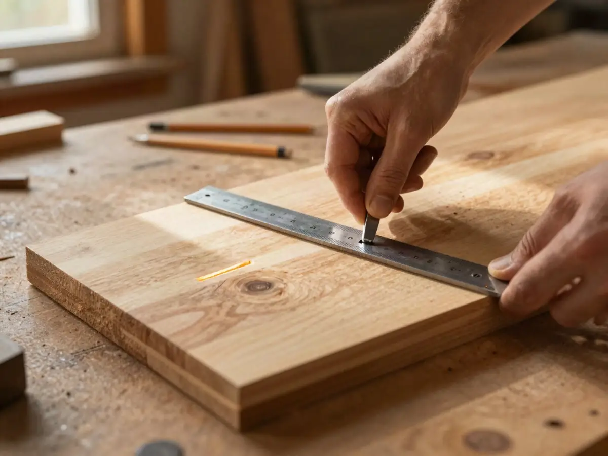 Hands holding a combination square against a board edge showing a small gap