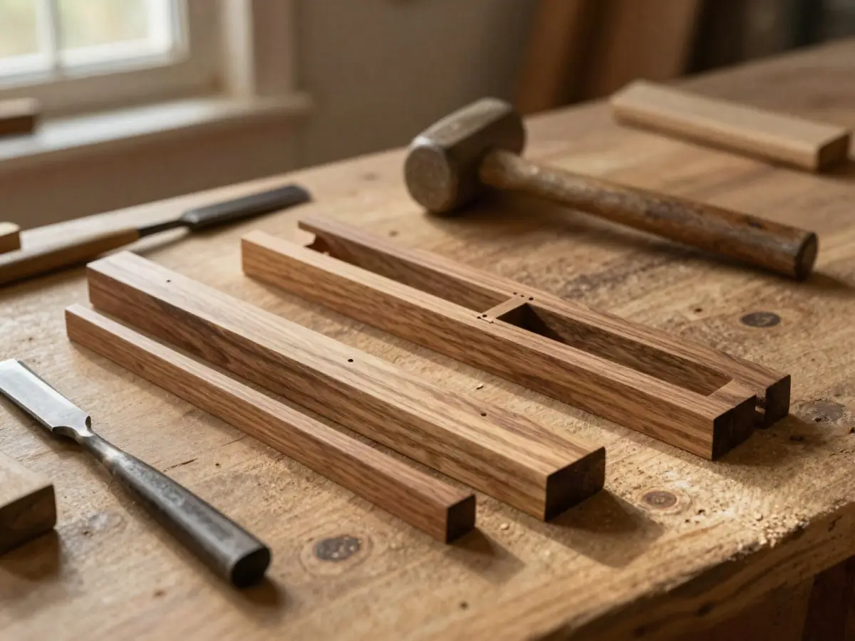 Mortise and tenon joint parts laid out on a workbench before assembly