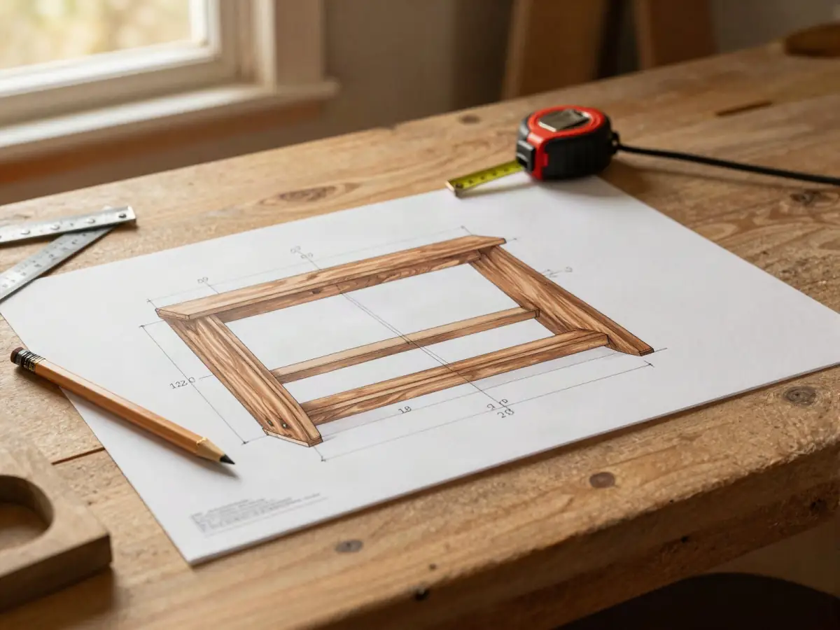 Printed woodworking plan with exploded drawing, pencil and tape measure on a bench