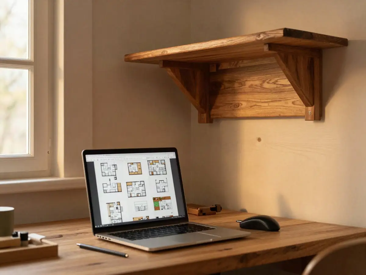 Laptop showing a blurred plan library next to a half-built walnut shelf in a home workshop