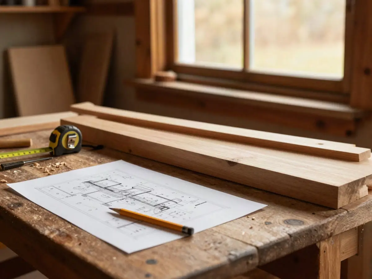 Woodworking plans spread across a walnut workbench with hand tools