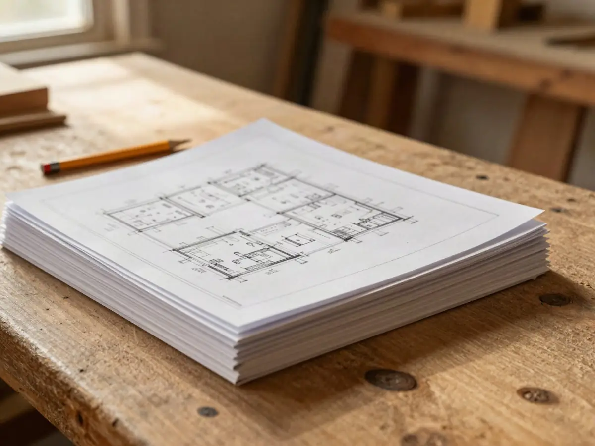 Stack of printed woodworking plans and a pencil on a pine workbench