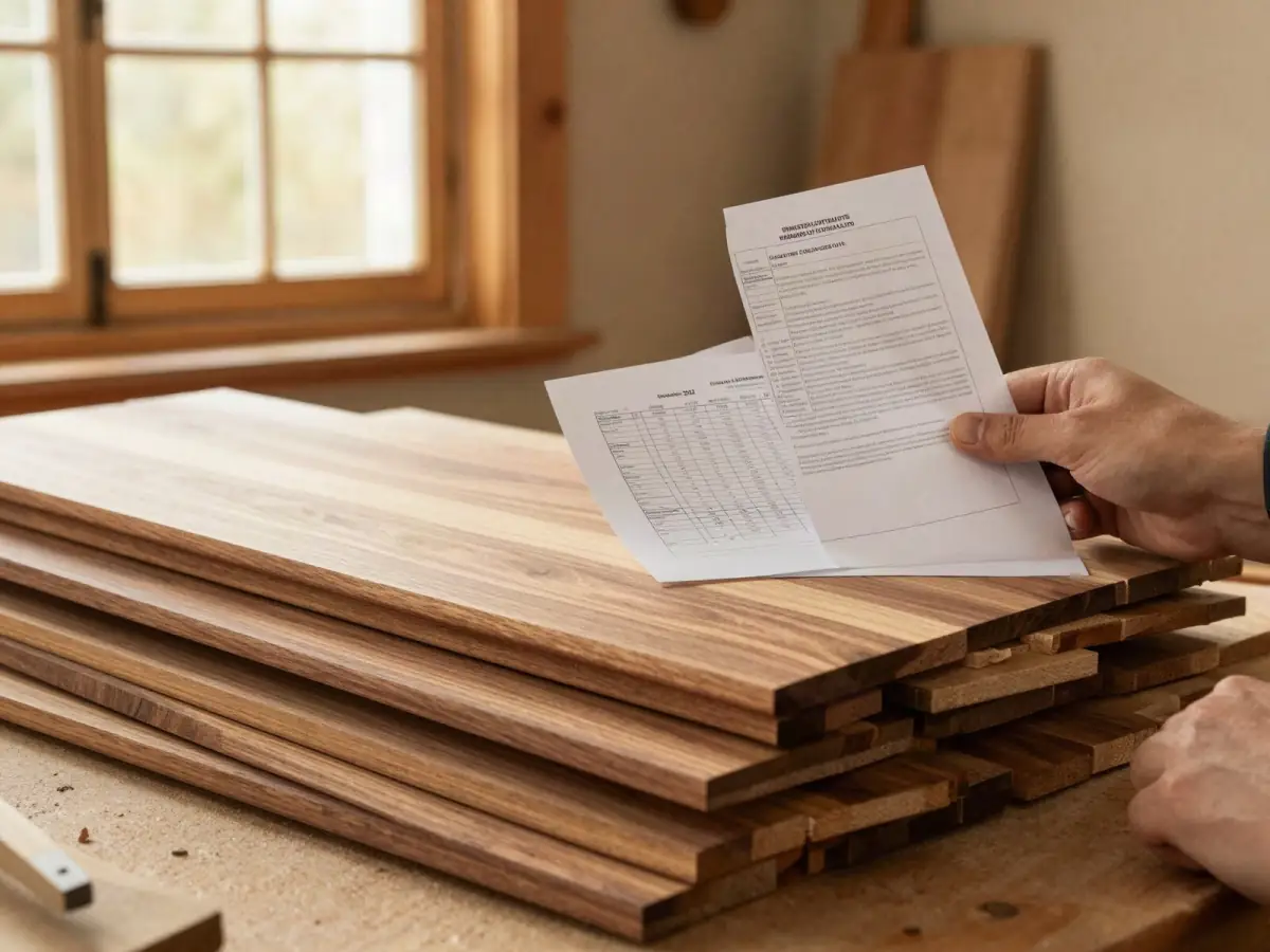 Hands holding a printed cut list next to stacked walnut boards