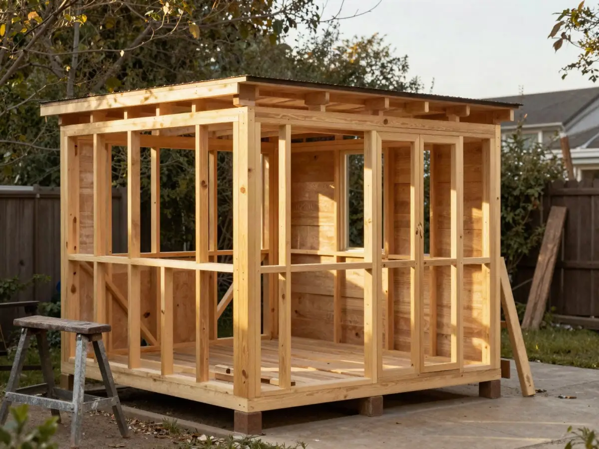 Small wooden garden shed frame going up in a backyard