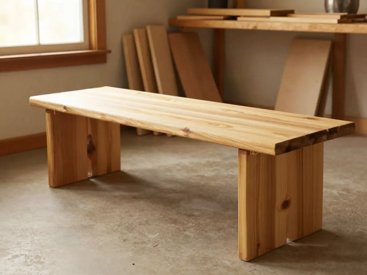 Simple farmhouse-style bench built from pine boards in a garage