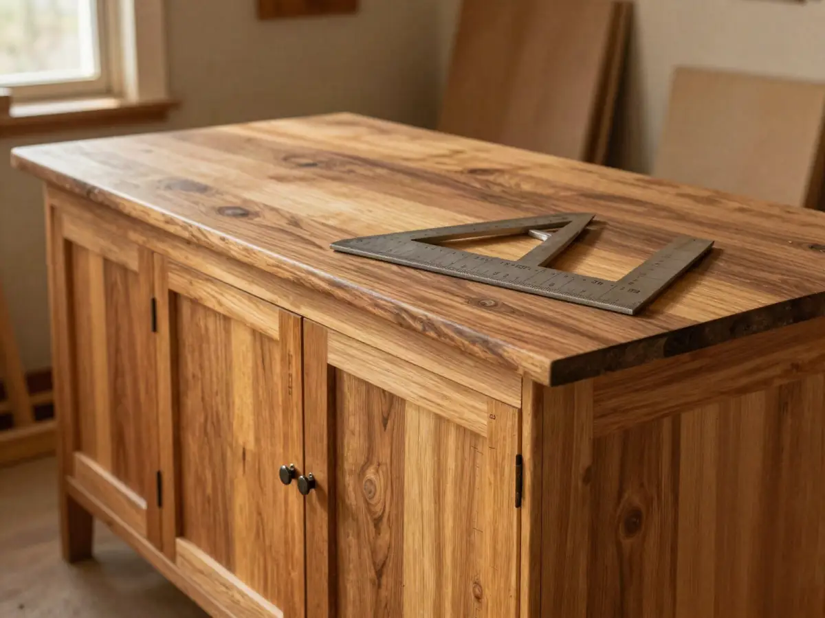 Detailed shop drawing of a hardwood cabinet with a combination square on top