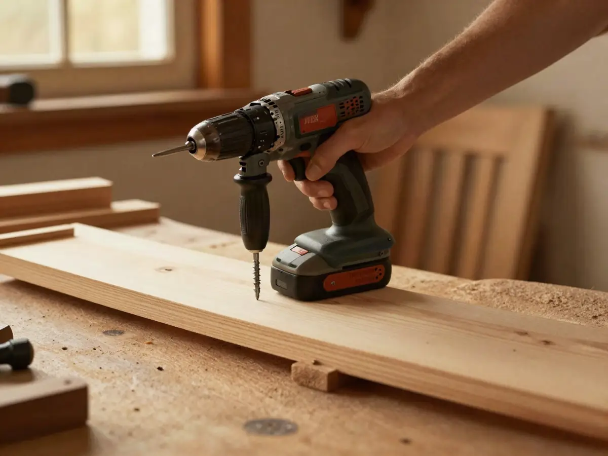 Drill driving a screw into a pine board clamped to a workbench
