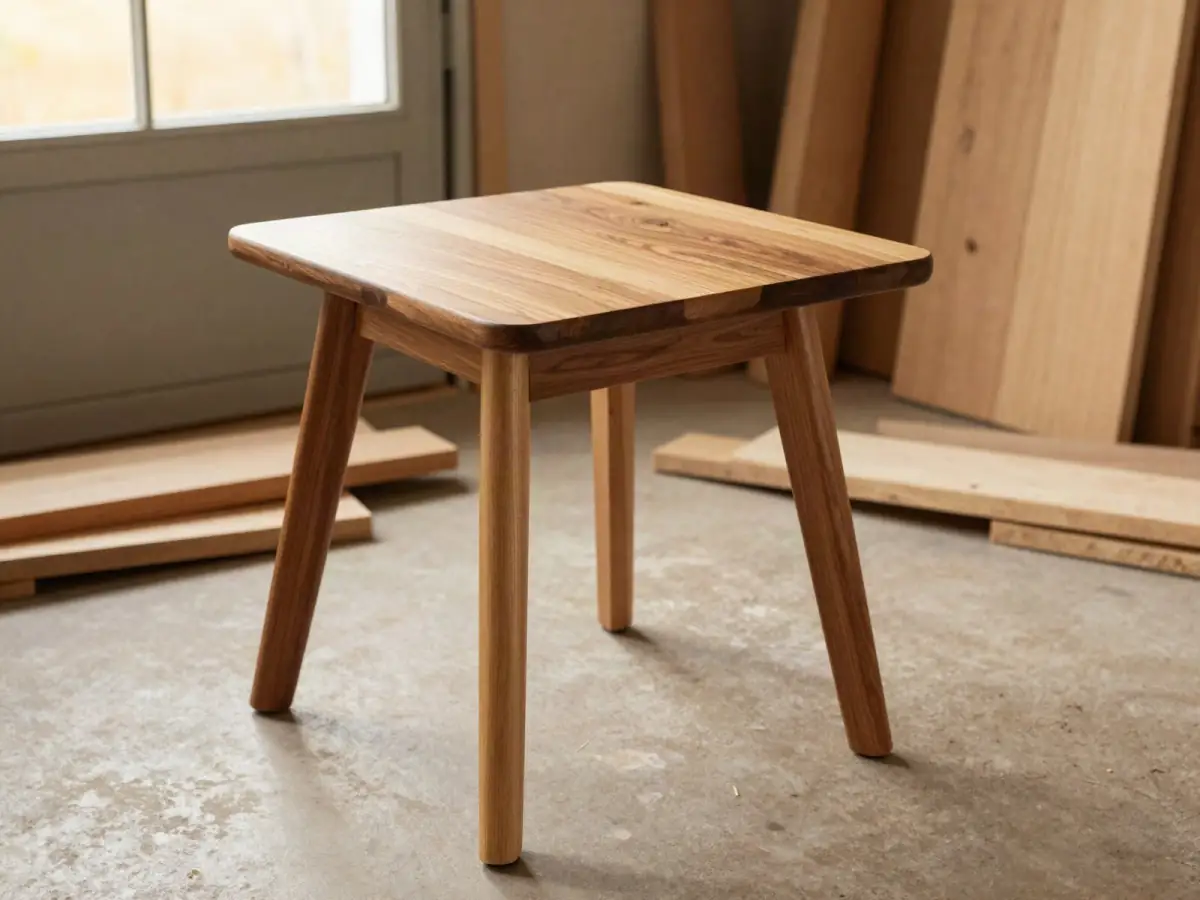 Wobbly side table with uneven legs on a garage floor next to offcuts