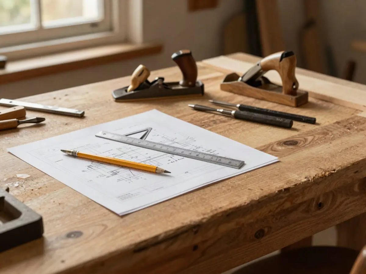 Woodworking plans and a pencil on a honey-toned workbench with hand tools