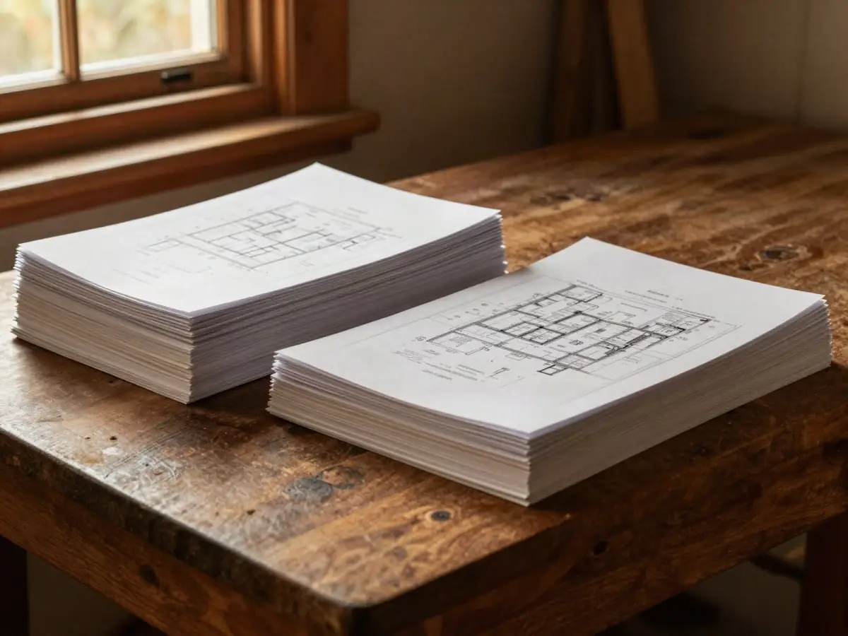 Two stacks of printed woodworking plans side by side on a walnut workbench