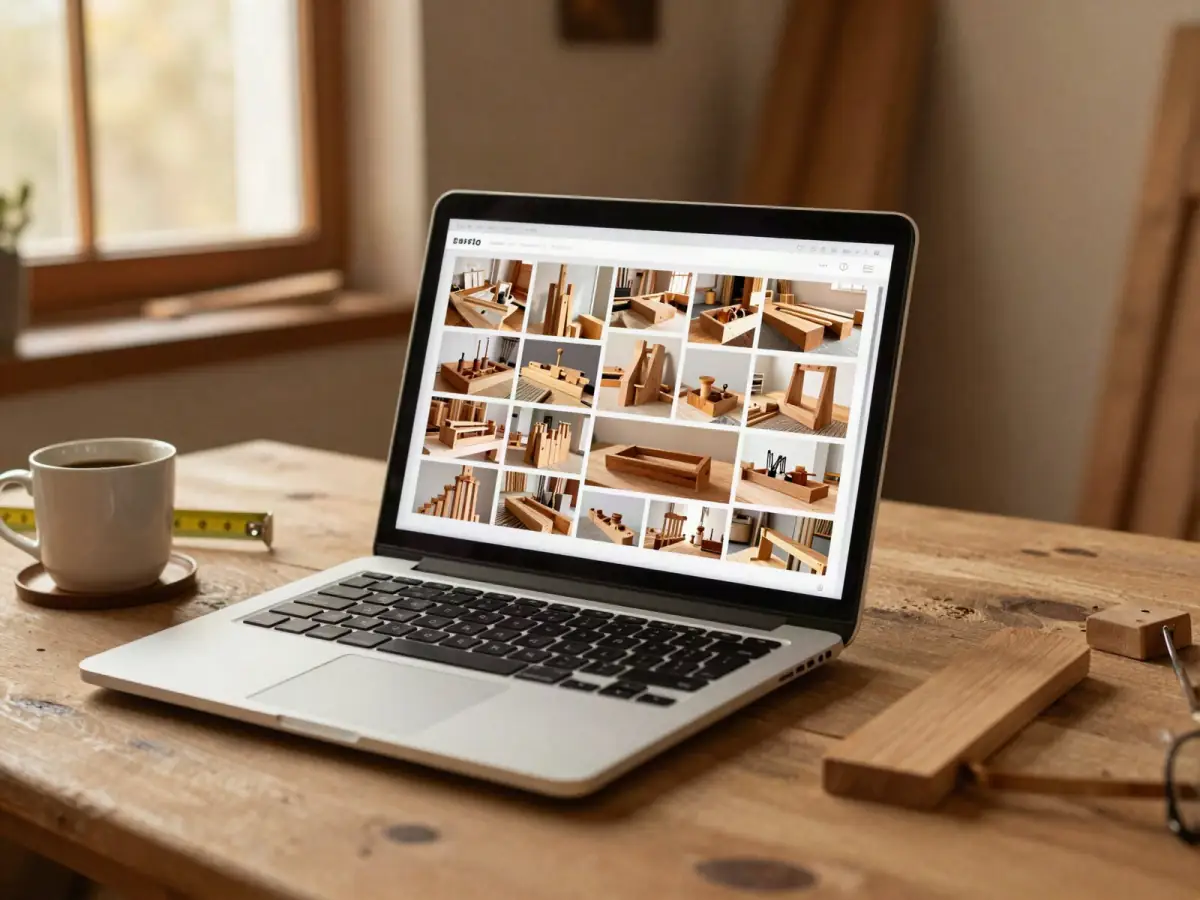 Laptop showing a scrolling grid of woodworking plan thumbnails on a rustic desk