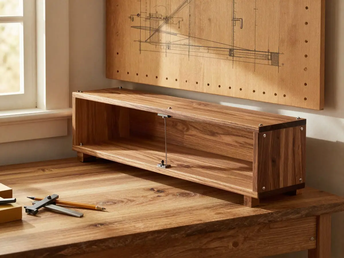 Detailed exploded-view drawing of a cabinet joint pinned above a workbench