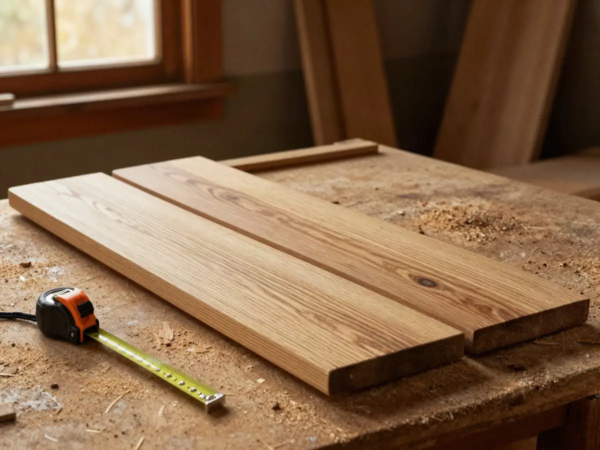 Short board next to a tape measure showing a mis-cut piece of oak on a shop floor