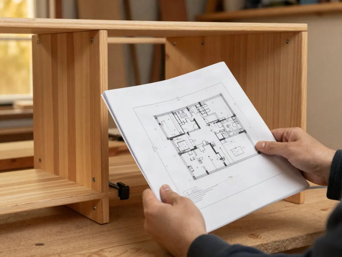 Hands holding a printed plan next to a half-built pine shelf in a garage shop