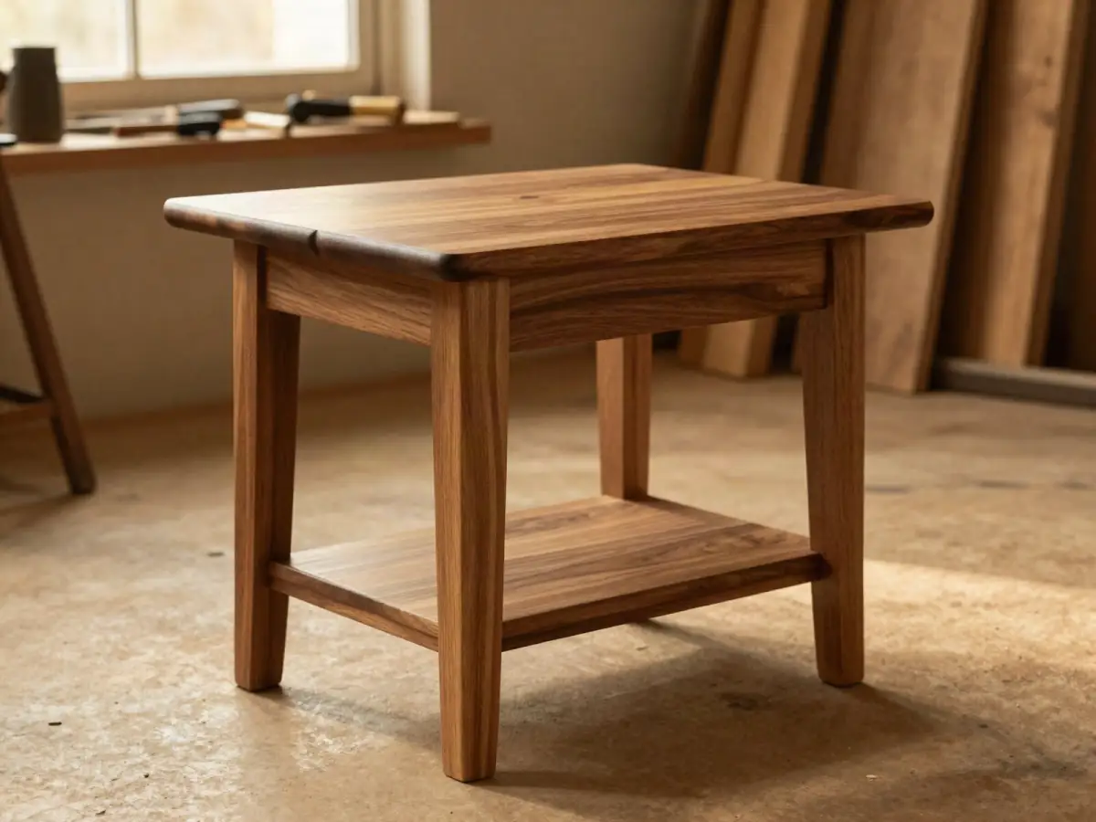 Finished walnut side table with clean joinery in a warmly lit workshop