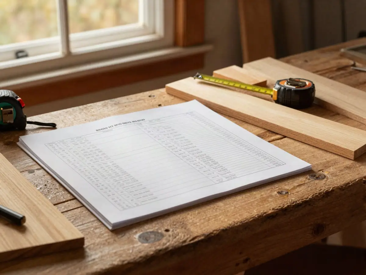 Woodworking plan with a parts table on a workbench next to pine boards, a tape measure, and a pencil