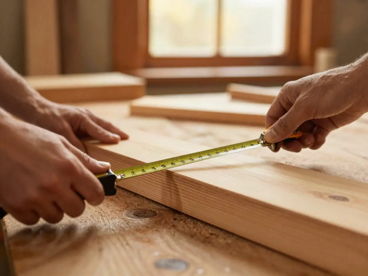 Hands holding a tape measure across the end of a 2x4 board