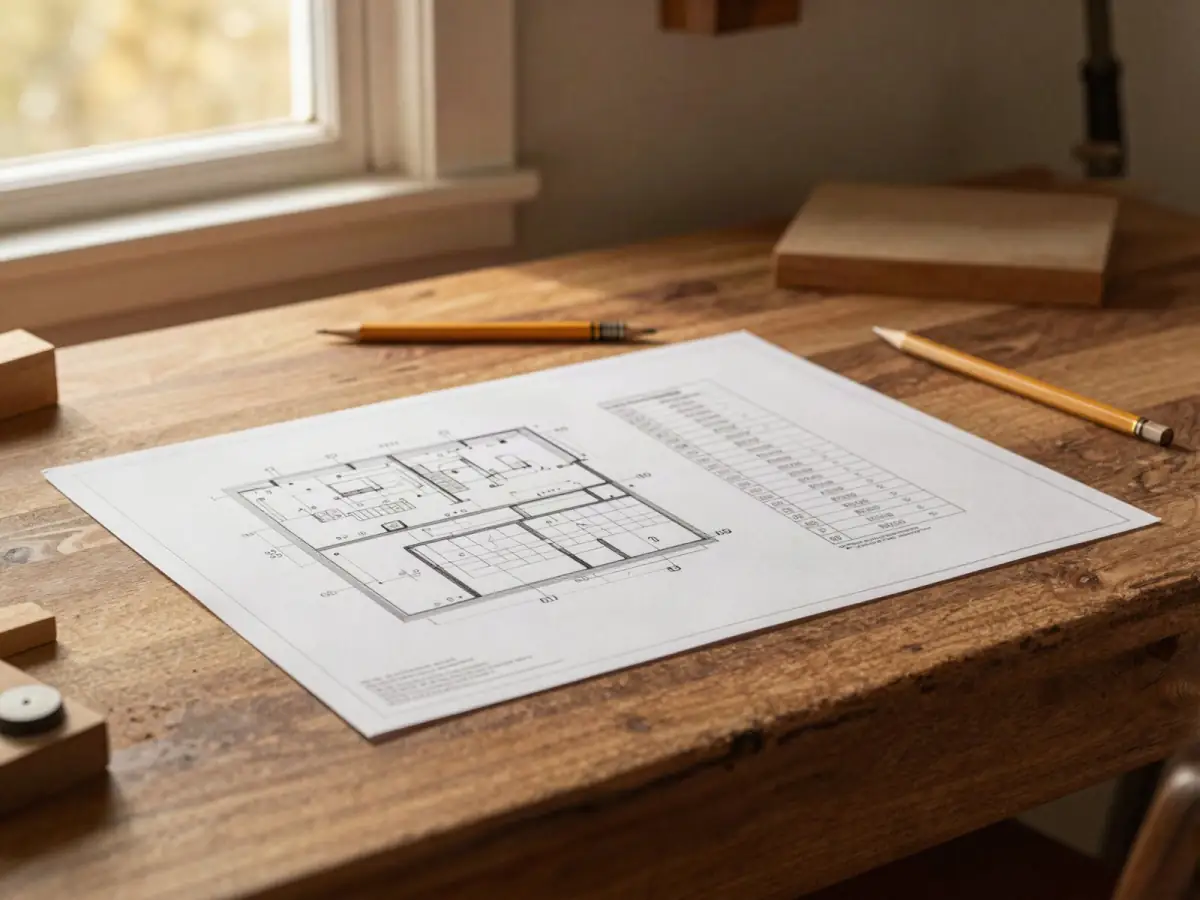 Woodworking plan sheet with a parts table and pencil on a workbench