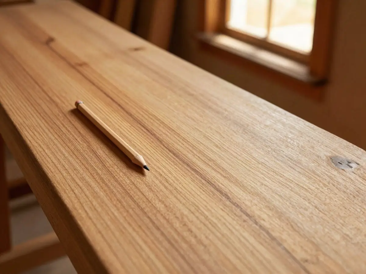 Close-up of a pine board with a pencil arrow marking grain direction