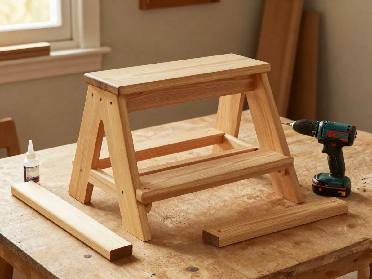 Pine step stool parts laid out on a workbench before assembly
