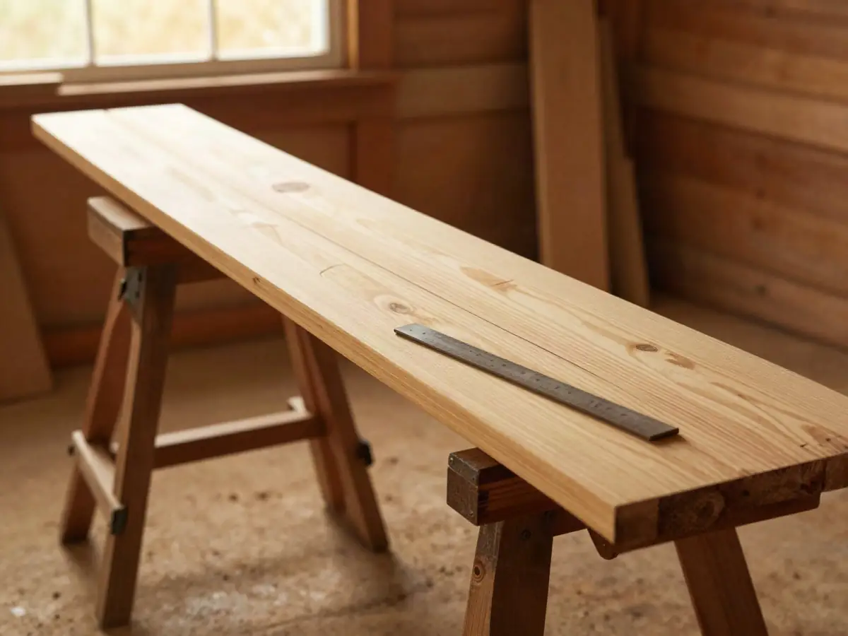Pencil cutting layout marked along a long pine board on sawhorses