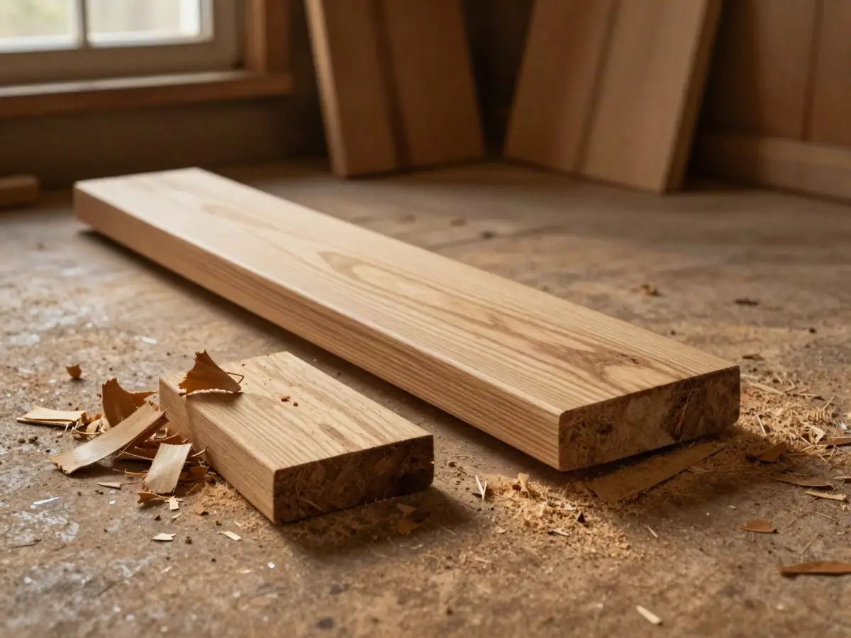 Short mis-cut pine board next to a pile of wasted offcuts on a shop floor