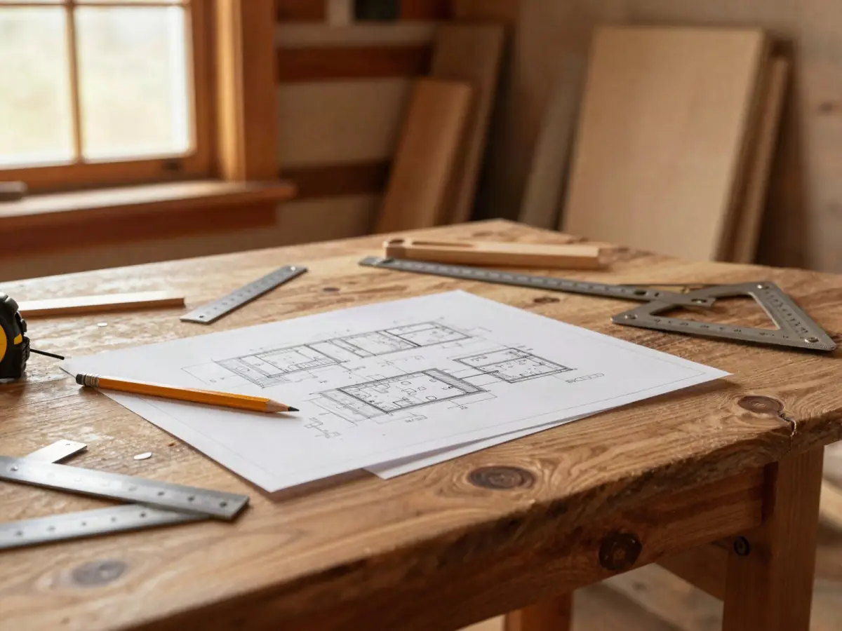 Woodworking plans, pencil, and tape measure on a warm walnut workbench