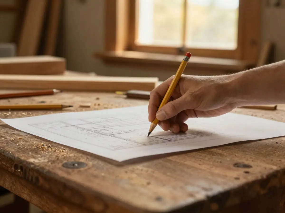 Hands holding a pencil over a printed project plan on a walnut workbench