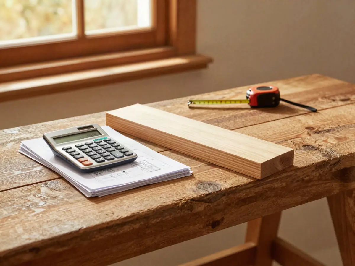 Stack of printed woodworking plans beside a calculator and tape measure on a rustic bench