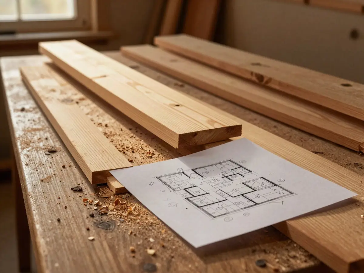 Confusing hand-drawn plan sheet with scattered measurements next to mis-cut pine boards