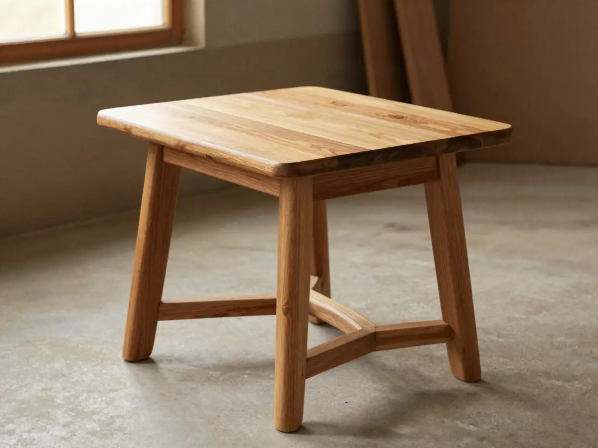 Wobbly handmade side table with a gap at one leg joint on a workshop floor