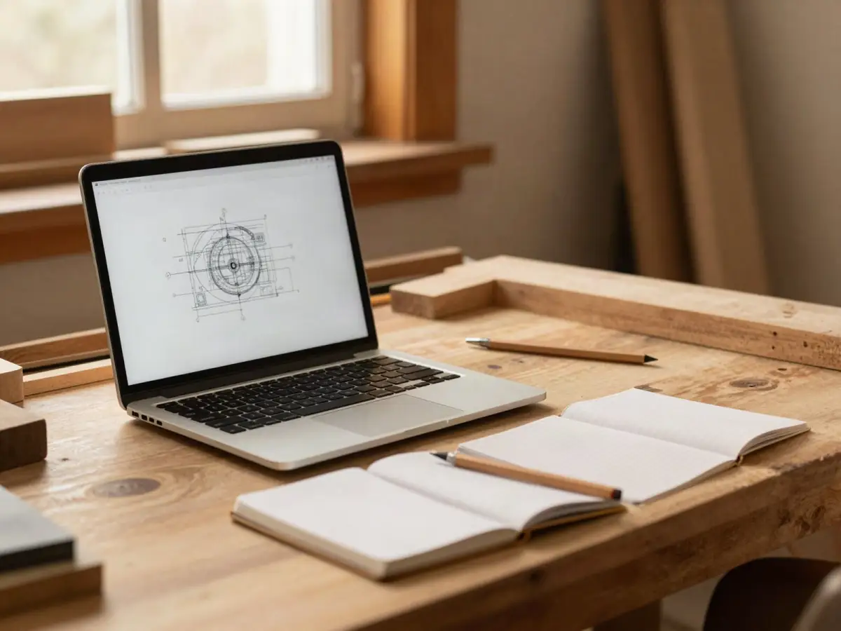 Laptop showing a blurred plan drawing next to a notepad and pencil on a honey-toned workbench