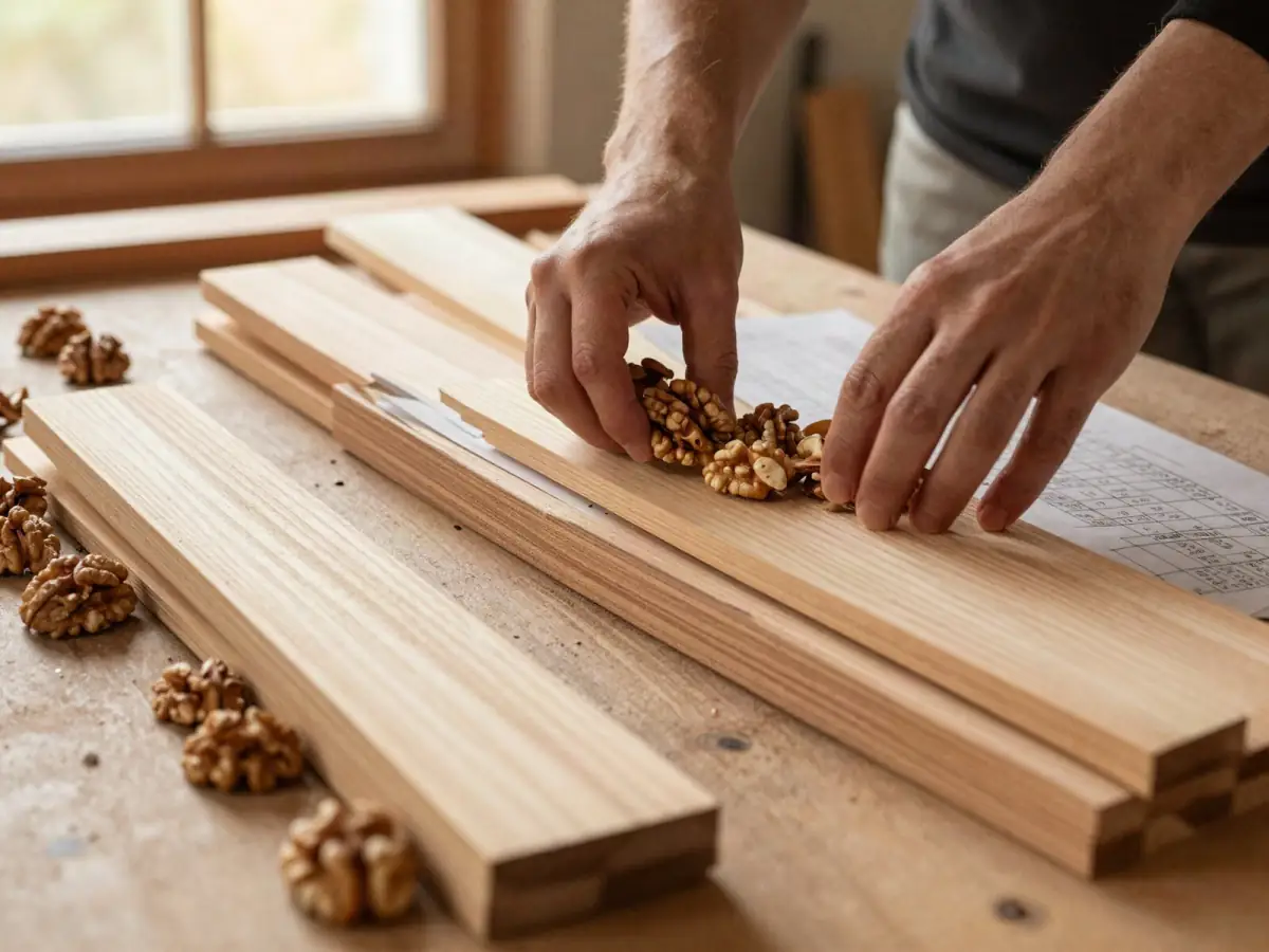 Hands sorting cut walnut and maple boards into labeled piles beside a cut list