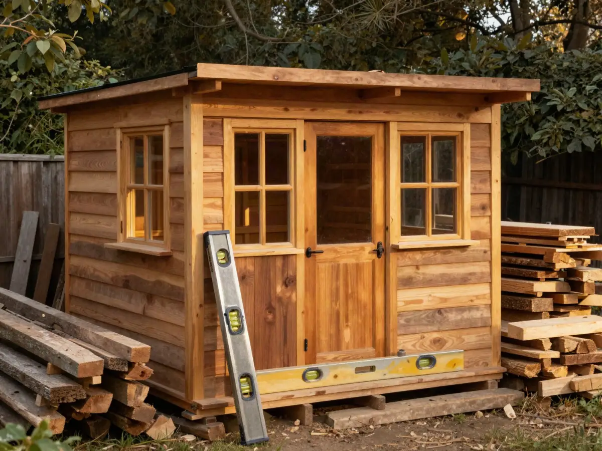 Half-framed backyard garden shed with stacked lumber and a level resting on a beam