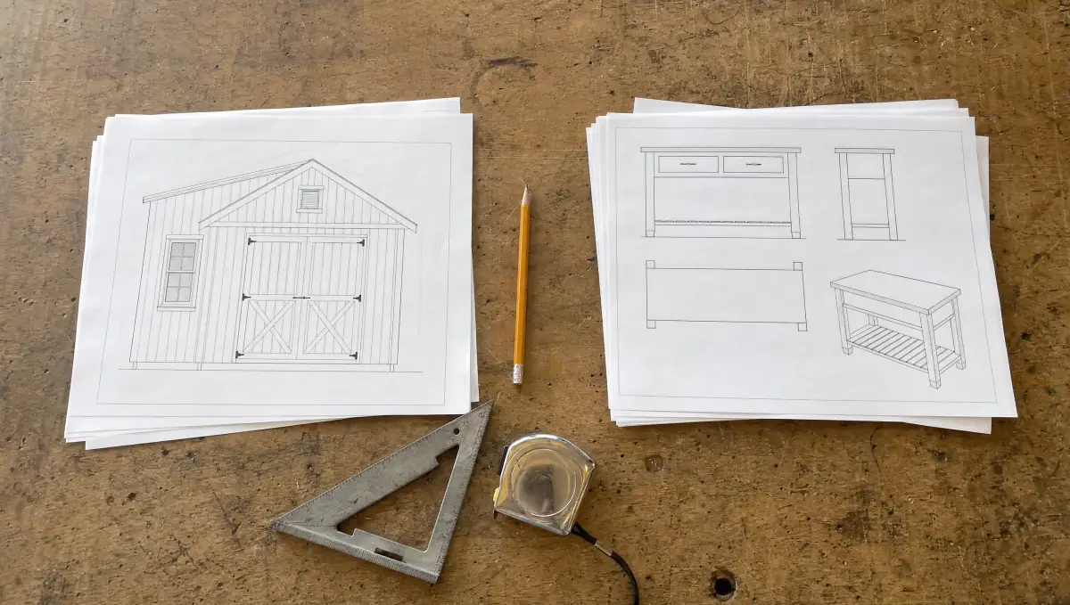 Shed blueprint and furniture plans laid side by side on a workbench with a tape measure and square