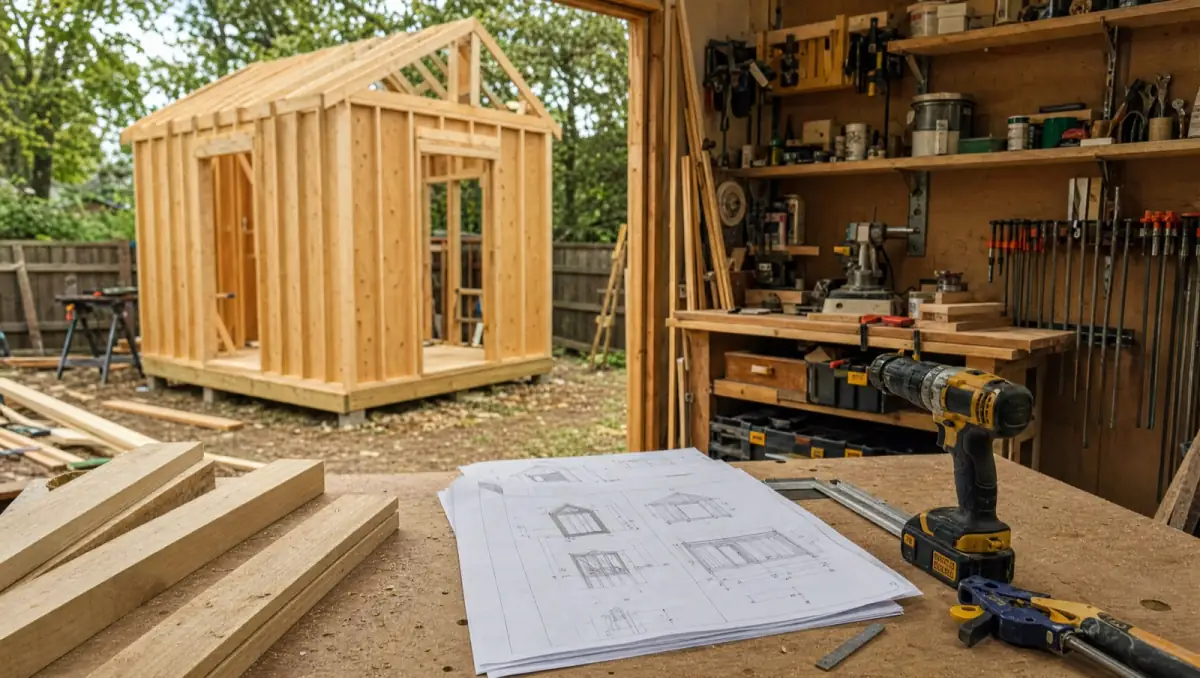 Woodworking plan printouts, a square and a tape measure on a workbench