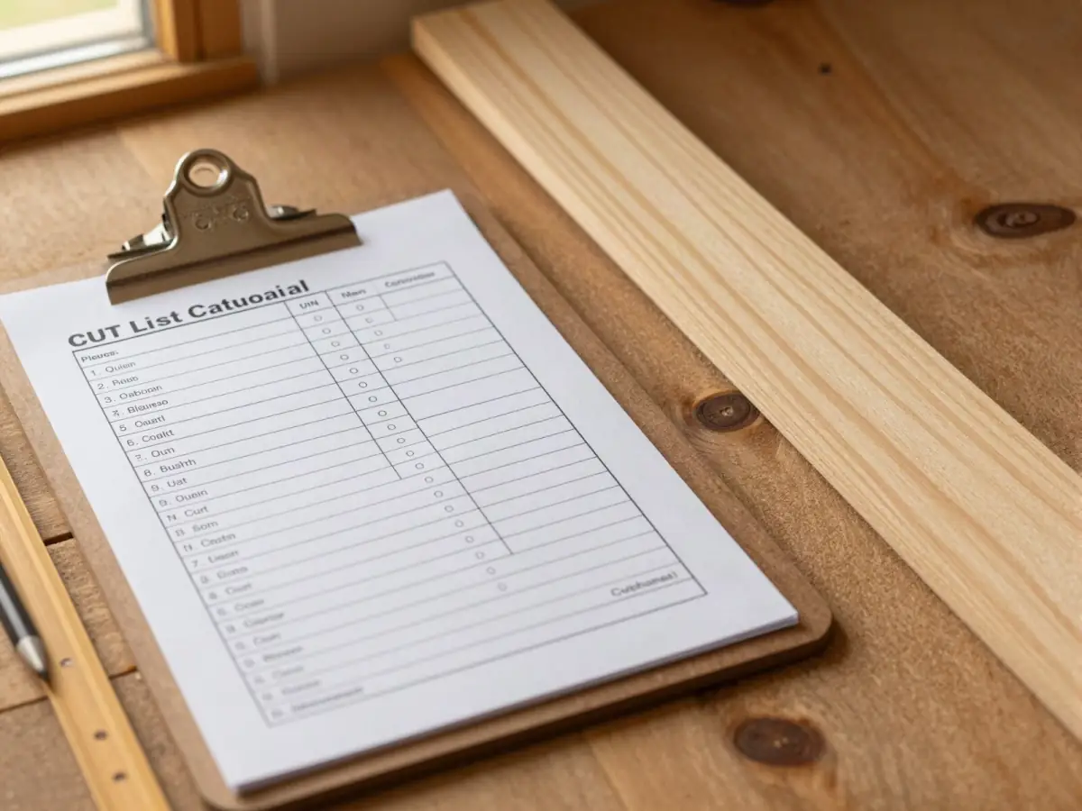 A printed cut list on a clipboard next to pine boards