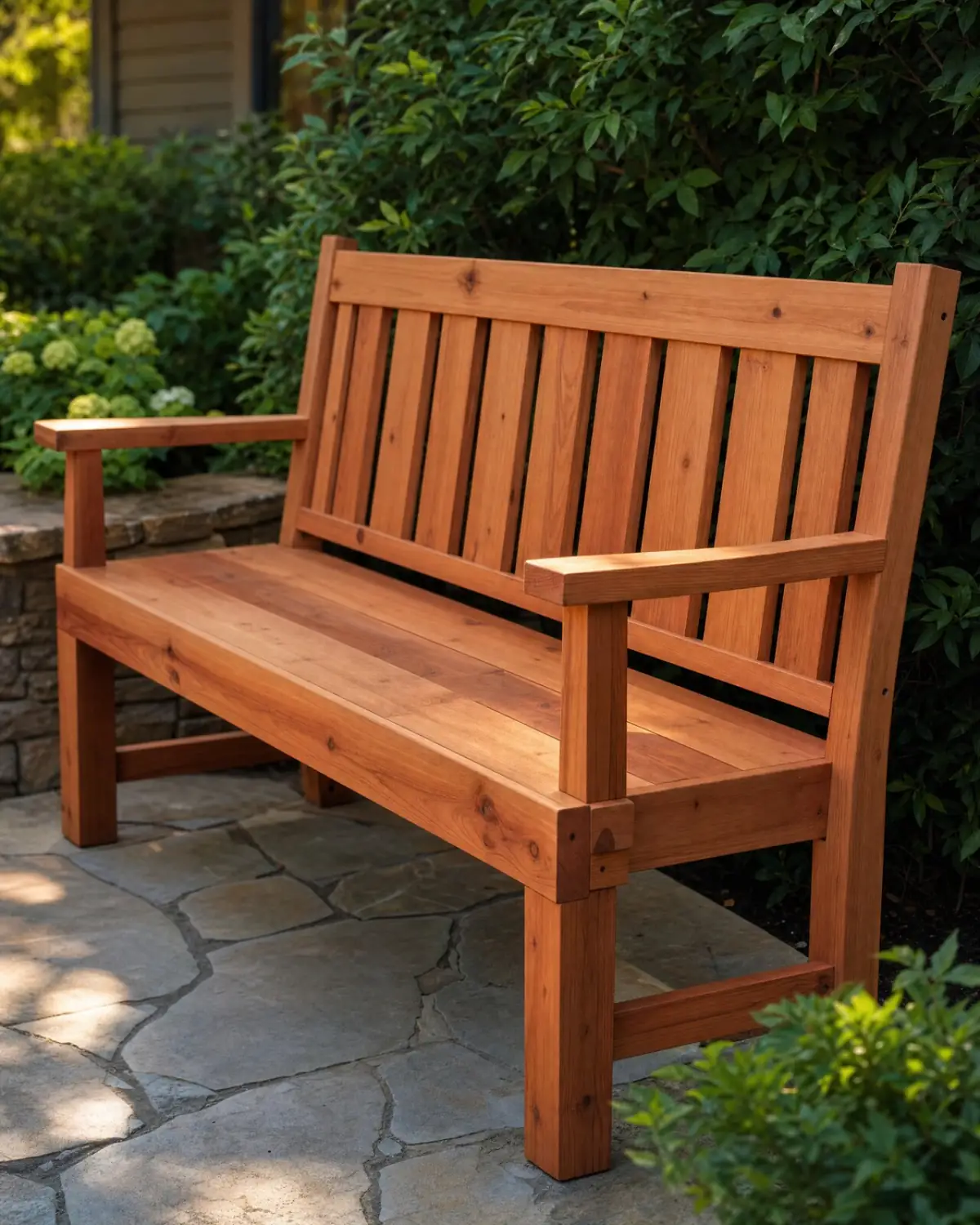 A finished cedar garden bench on a stone patio