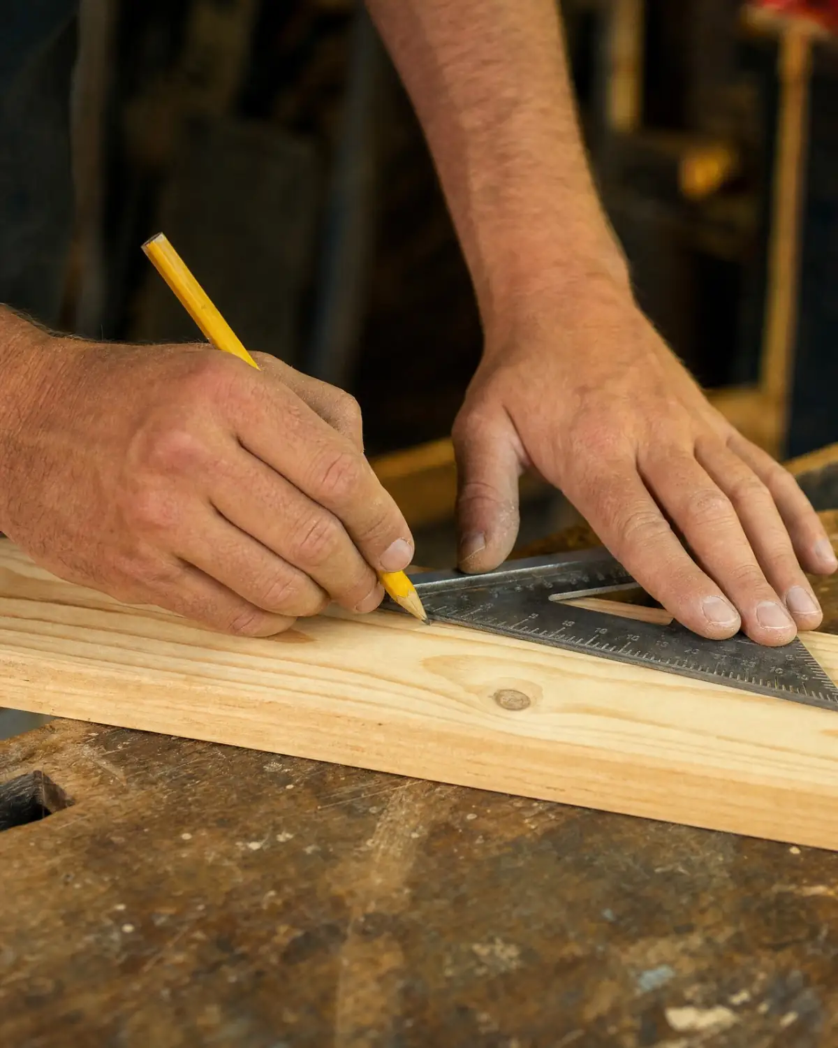 Hands marking a pine board with a pencil and square