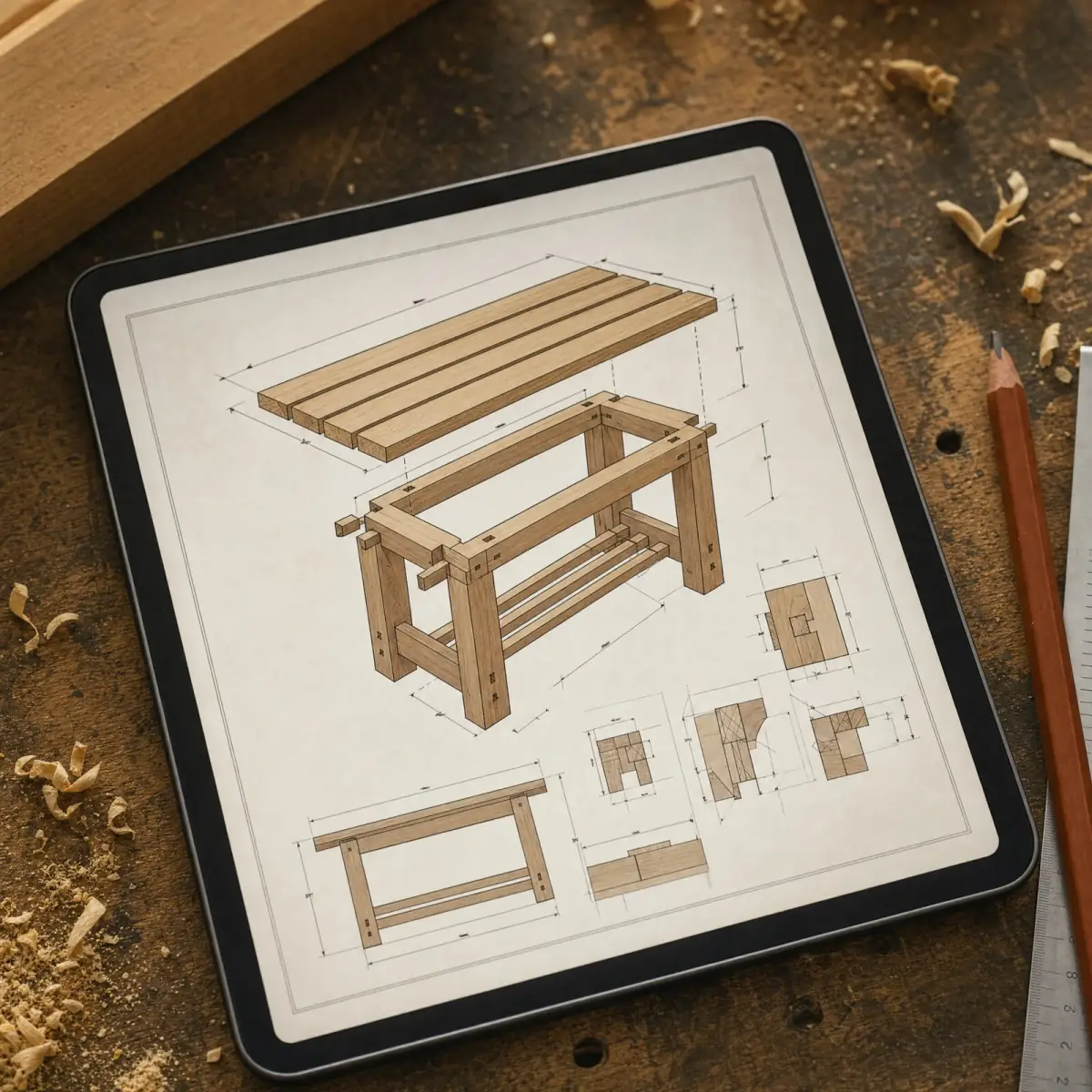 A tablet showing a woodworking plan diagram on a workbench