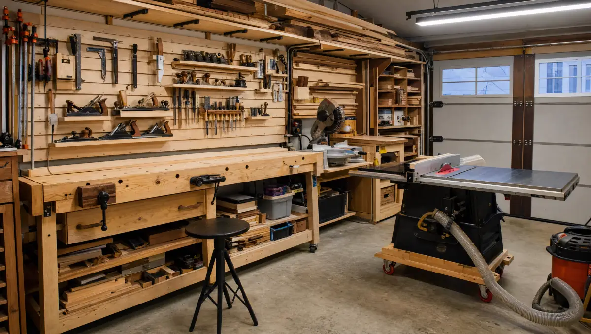 Small home woodworking shop with a workbench, pegboard of hand tools and a compact table saw